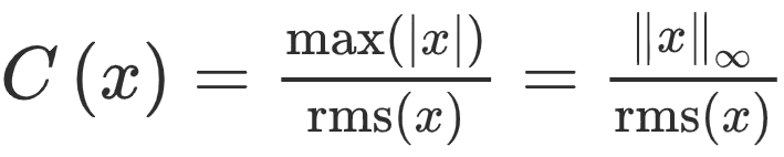 CF of the signal can be expressed as the ratio between the maximum amplitude and the root mean square (RMS) of the signal